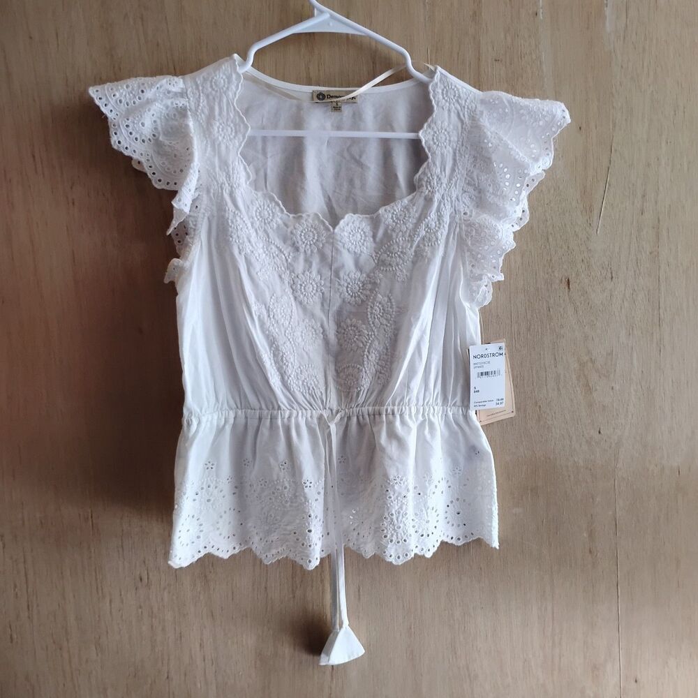 Democracy Embroidered Eyelet Flutter Sleeve Peplum Top Plus Size S New!